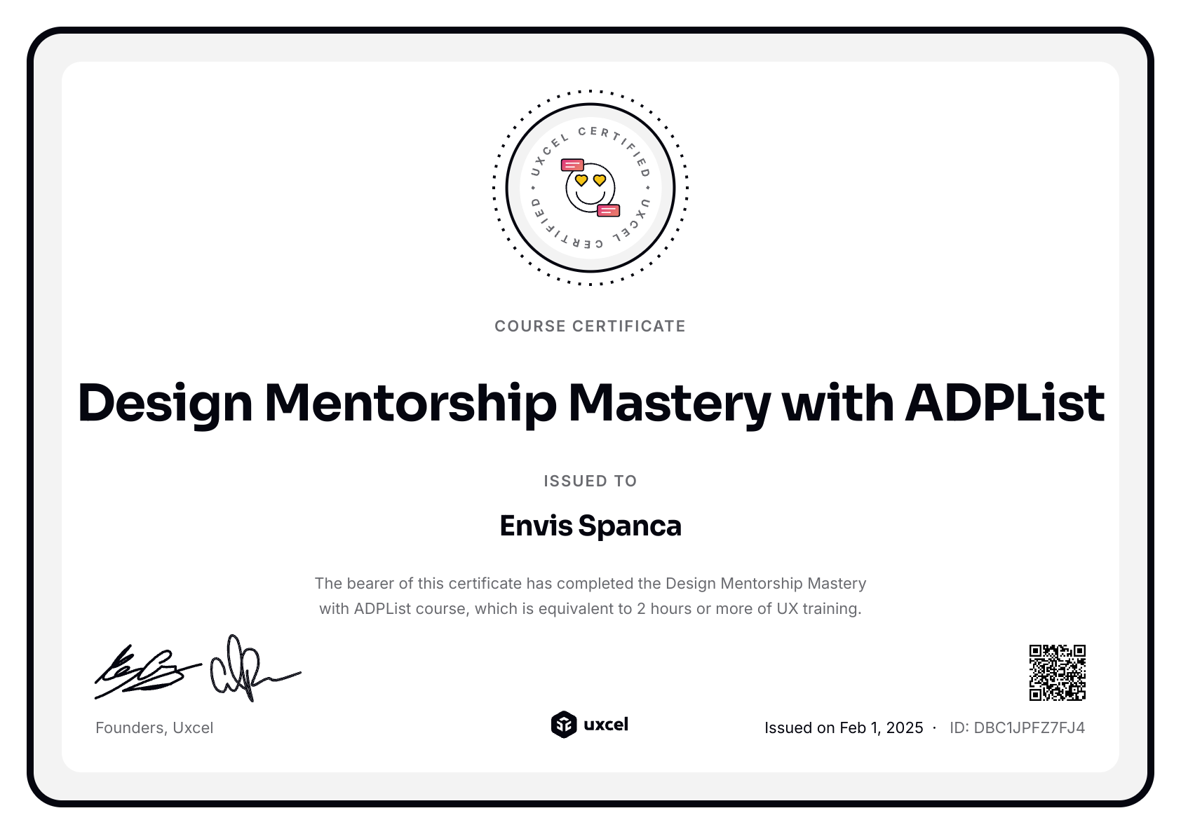 Envis Spanca's certificate